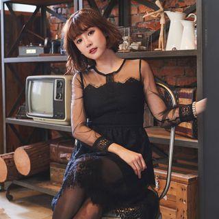 Mesh Panel Long-sleeve Lace Dress