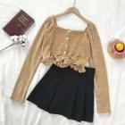 Plain Single-breasted Square-neck Ruffled-trim Top