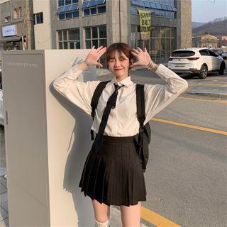 Long-sleeve Plain Shirt + Pleated Mini Skirt