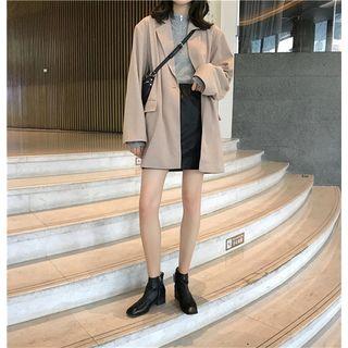 Plain Blazer / Long-sleeve Mock Neck T-shirt / Faux Leather Mini Skirt