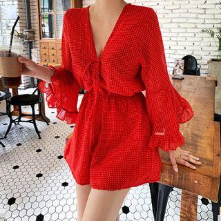 Frilled Bell-sleeve Dotted Playsuit