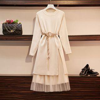 Set: Belted Slit Sweater Dress + A-line Midi Mesh Skirt