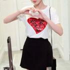 Set: Heart Sequined Short Sleeve T-shirt + Plain Skort