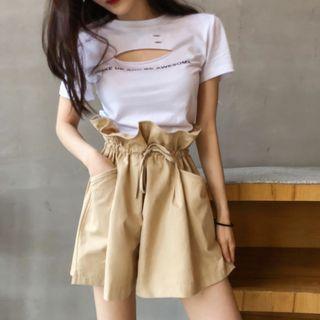 Set: Cutout Lettering Short-sleeve T-shirt + High Waist Shorts