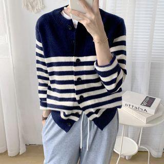 Round Neck Striped Button-up Cardigan