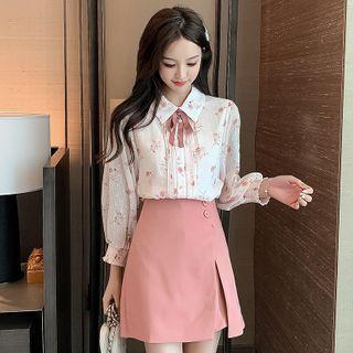 Set: Long-sleeve Floral Print Shirt + Mini A-line Skirt