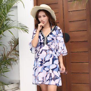 Set: High Waist Bikini Top + Leaf Print Cover-up