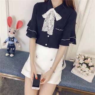 Lace Bow Elbow-sleeve Chiffon Blouse