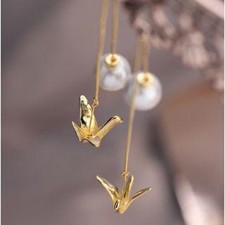 925 Sterling Silver Origami Crane Faux Pearl Dangle Earring 1 Pc - As Shown In Figure - One Size