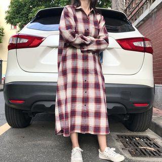 Plaid Long Shirt / Mock Turtleneck Striped Long-sleeve Top