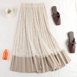 Band-waist Lace Panel Midi A-line Skirt