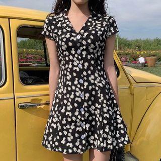 Short-sleeve Floral Print Chiffon A-line Mini Shirtdress