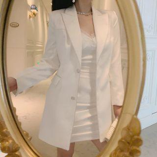 Plain Blazer / Spaghetti Strap Lace Trim Sheath Dress