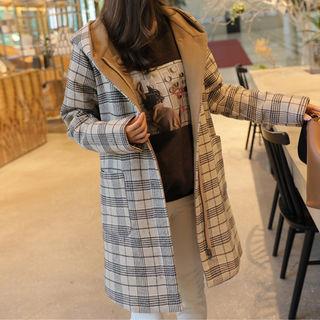 Hooded Glen-plaid Wool Blend Coat