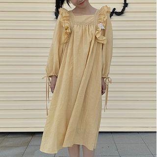 Ruffled Balloon-sleeve Midi A-line Dress As Shown In Figure - One Size