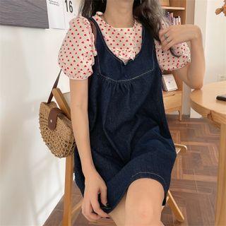 Puff-sleeve Heart Print Lace-up Top