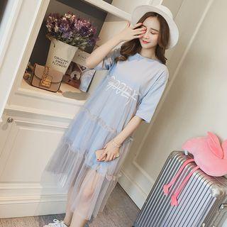 Mock Two Piece Elbow-sleeve Midi Dress