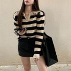 Collared Striped Sweater Stripes - Black & White - One Size