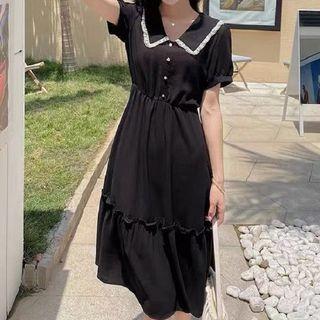 Short-sleeve V-neck Collared Midi A-line Dress