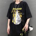 Elbow-sleeve Guitar Print T-shirt Black - One Size