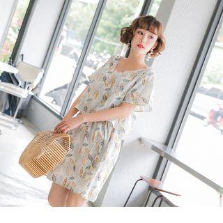 Elastic Waist Leaves Print Dress