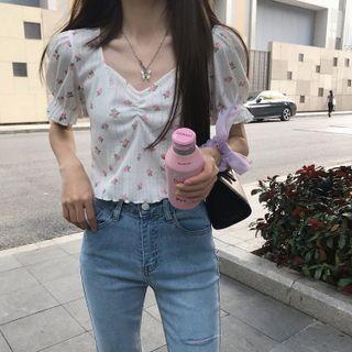 Puff-sleeve Floral Knit Top Pink - One Size