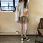 Long-sleeve Knit Sweatshirt / Plaid Mini Skirt