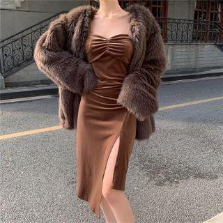 Fluffy Open Jacket / Spaghetti Strap Velvet Midi Dress