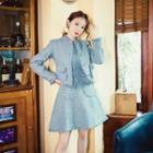Set: Mock Neck Buttoned Tweed Jacket + Sleeveless Mini A-line Dress