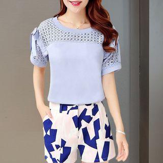 Set: Bow Detail Short-sleeve Top + Patterned Shorts
