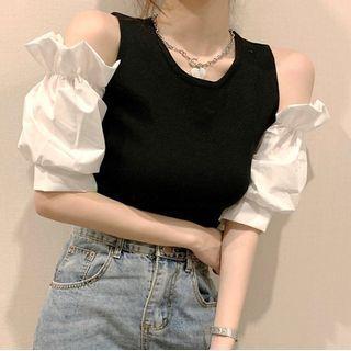 Cutaway-shoulder Ruffled Knit Top