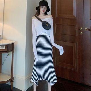 Long-sleeve Open Back T-shirt / Striped Asymmetric Midi Skirt