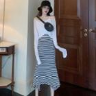 Long-sleeve Open Back T-shirt / Striped Asymmetric Midi Skirt