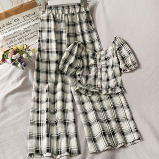 Set: Plaid Ruffled Crop Top + Wide-leg Pants