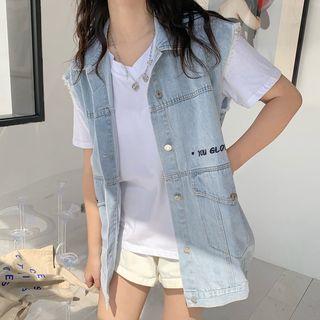 Embroidered Denim Vest Light Blue - One Size