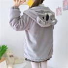 Furry Koala Embroidered Zip Hooded Jacket Gray - One Size