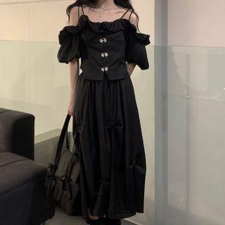 Short-sleeve Cold Shoulder Ruffled Blouse / Midi A-line Skirt