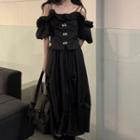 Short-sleeve Cold Shoulder Ruffled Blouse / Midi A-line Skirt
