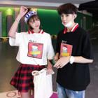 Couple Matching Elbow-sleeve Cartoon Print Collared T-shirt