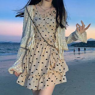 Spaghetti Strap Heart Print Frill Trim Mini A-line Dress / Lace Cardigan