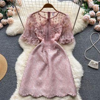 Short-sleeve Round-neck Mesh Embroidered Dress
