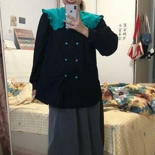 Wide Collar Two-tone Double-breasted Blouse