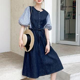 Puff-sleeve Striped Panel Denim Midi Smock Dress
