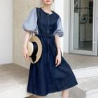 Puff-sleeve Striped Panel Denim Midi Smock Dress