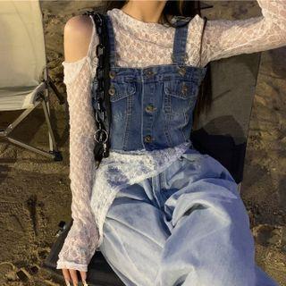 Long-sleeve Cutout Lace Top / Denim Cropped Camisole Top