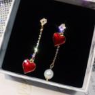 Asymmetric Faux Pearl Rhinestone Heart Drop Earring 1 Pair - Non Matching - Red & White - One Size