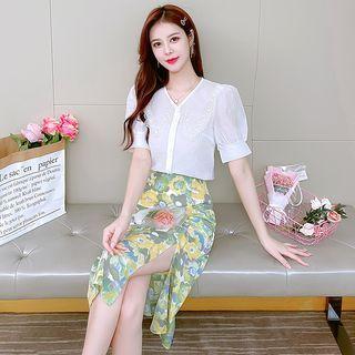 Set: Short-sleeve Blouse + Floral Midi A-line Skirt