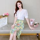 Set: Short-sleeve Blouse + Floral Midi A-line Skirt