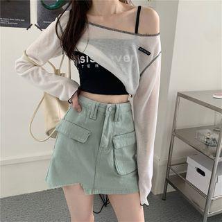 Lettering Cami / Sheer Cape Top / Asymmetric Denim Mini Skirt
