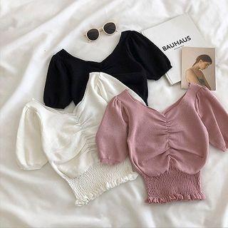 Plain V-neck Frilled Puff-sleeve Knit Top